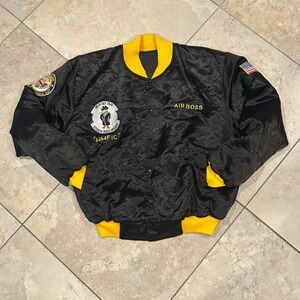 Vintage Air Boss Bomber Jacket Mens M Black Yellow Satin US Military Patches